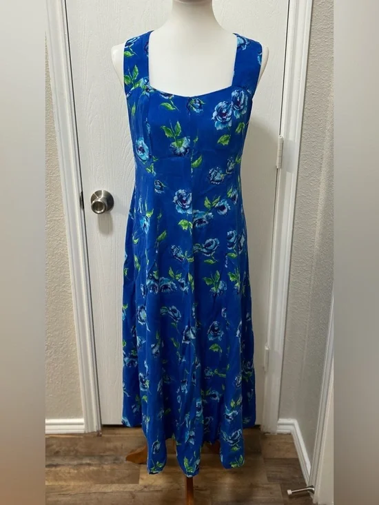 Connected VTG 90s Blue Rose Floral Midi Dress Sz 14 CrissCross Back Cottagecore - Picture 2 of 9
